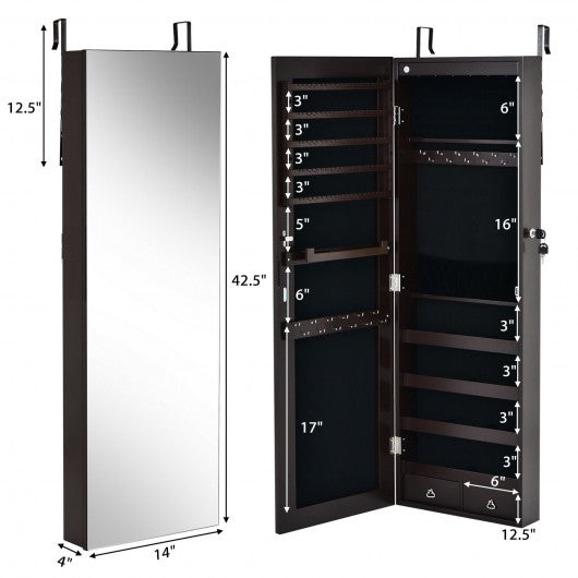 Wall Mounted Full Screen Mirror Jewelry Cabinet Armoire wirth 6 LEDs-Brown