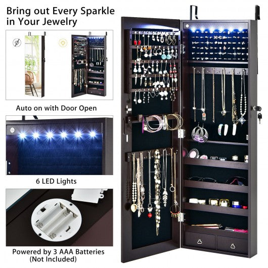 Wall Mounted Full Screen Mirror Jewelry Cabinet Armoire wirth 6 LEDs-Brown