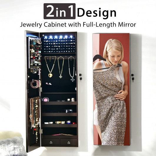 Wall Mounted Full Screen Mirror Jewelry Cabinet Armoire wirth 6 LEDs-Brown