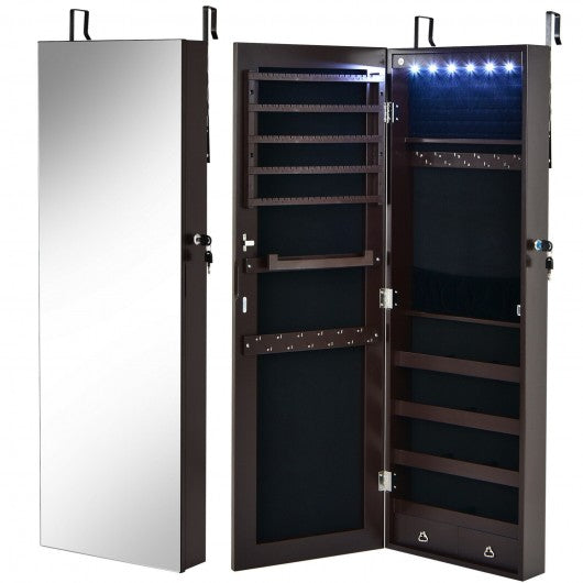 Wall Mounted Full Screen Mirror Jewelry Cabinet Armoire wirth 6 LEDs-Brown