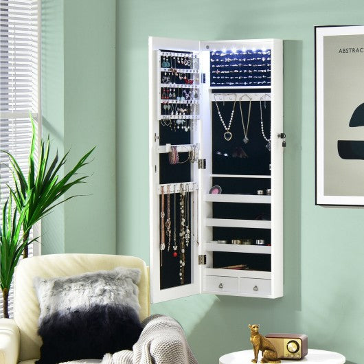 Wall Mounted Full Screen Mirror Jewelry Cabinet Armoire wirth 6 LEDs-White