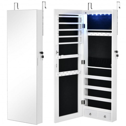 Wall Mounted Full Screen Mirror Jewelry Cabinet Armoire wirth 6 LEDs-White