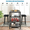 3 Pieces Counter Height Dining Bar Table Set with 2 Stools and 3 Storage Shelves-Black