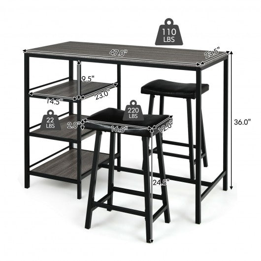 3 Pieces Counter Height Dining Bar Table Set with 2 Stools and 3 Storage Shelves-Black