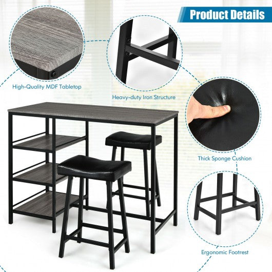 3 Pieces Counter Height Dining Bar Table Set with 2 Stools and 3 Storage Shelves-Black
