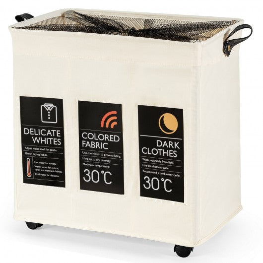 120L 3-Section Laundry Hamper Sorter with Wheels and Mesh Cover-Beige