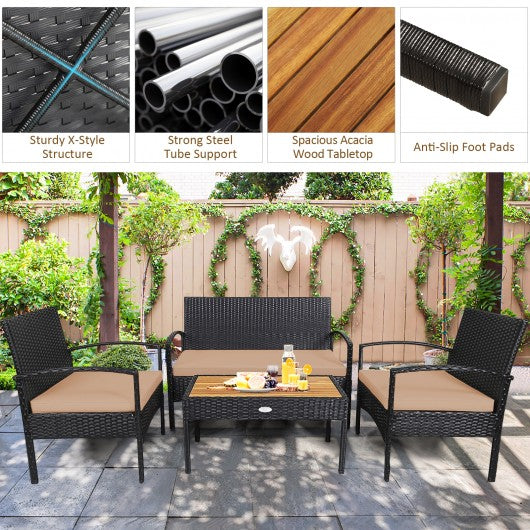 4 Pcs Patio Rattan Furniture Set Sofa Chair Coffee Table with Cushion-Brown