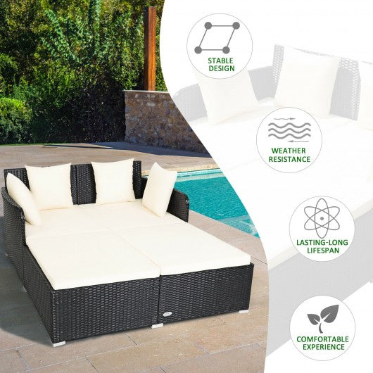 Outdoor Patio Rattan Daybed Thick Pillows Cushioned Sofa Furniture-White