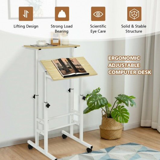 Height Adjustable Mobile Standing Desk with rolling wheels for office and home-Natural