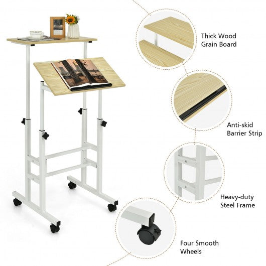 Height Adjustable Mobile Standing Desk with rolling wheels for office and home-Natural