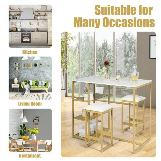 3 pcs Dining Set with Faux Marble Top Table and 2 Stools-Golden