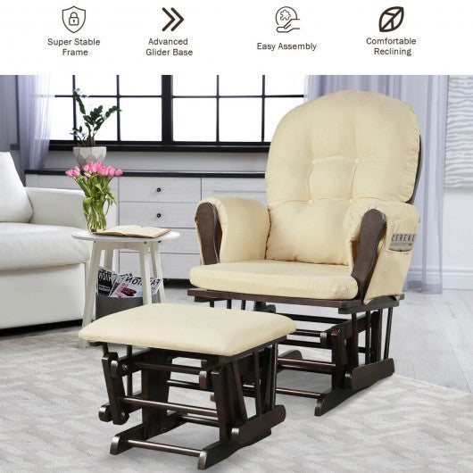 Solid Wood Gliding Chair Set with Pockets and Ottoman for Relaxing-Beige