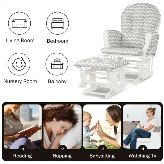 Solid Wood Gliding Chair Set with Pockets and Ottoman for Relaxing-Gray and White