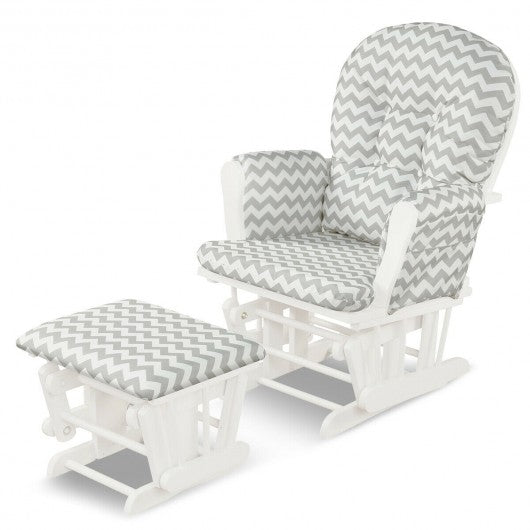 Solid Wood Gliding Chair Set with Pockets and Ottoman for Relaxing-Gray and White