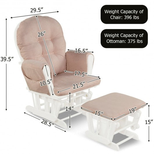 Solid Wood Gliding Chair Set with Pockets and Ottoman for Relaxing-Pink