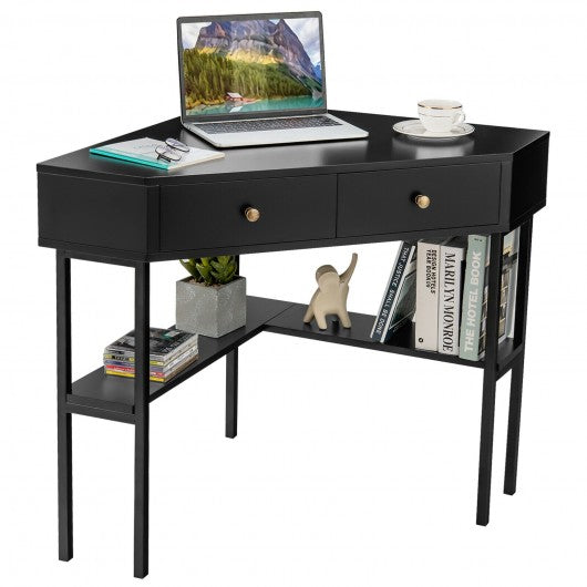 Space Saving Corner Computer Desk with 2 Large Drawers and Storage Shelf-Black