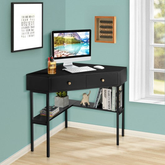 Space Saving Corner Computer Desk with 2 Large Drawers and Storage Shelf-Black