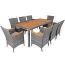 9 Pieces Patio Rattan Dining Set Acacia Wood Table Cushioned Chair
