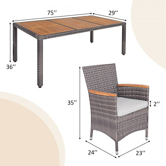 9 Pieces Patio Rattan Dining Set Acacia Wood Table Cushioned Chair
