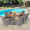 9 Pieces Patio Rattan Dining Set Acacia Wood Table Cushioned Chair