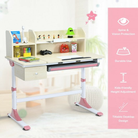Adjustable Height Kids Study Desk Drafting Table with Bookshelf and Hutch-Pink