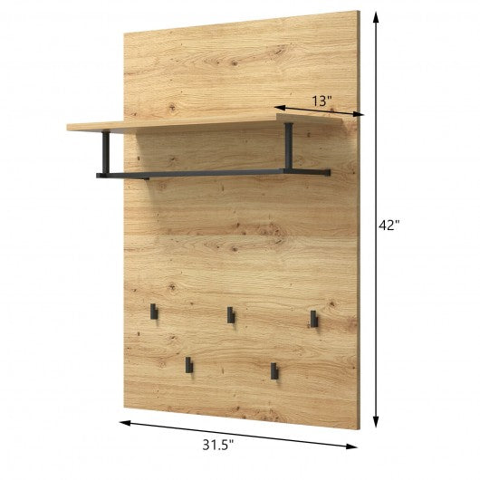 Wall-Mounted Clothes Hanger Rack Shelf with 5 Hooks and Hanging Rod