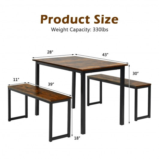 3-Piece Kitchen Dining Table Set with 2 Benches for Limited Space -Coffee