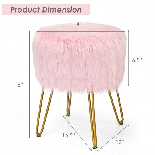 Faux Fur Vanity Chair Makeup Stool Furry Padded Seat Round Ottoman-Pink