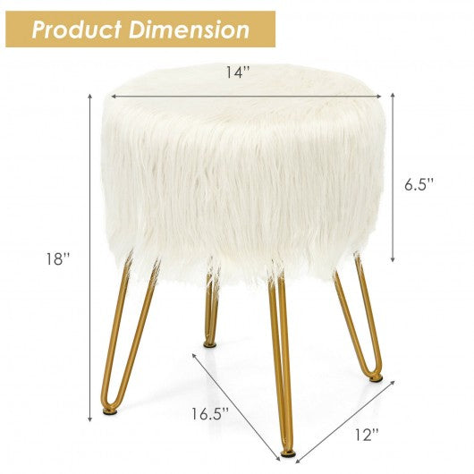 Faux Fur Vanity Chair Makeup Stool Furry Padded Seat Round Ottoman-White