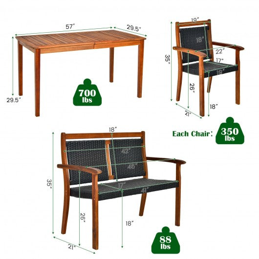 4 Pieces Patio Rattan Dining Furniture Set with Acacia Wood Frame Chair