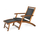 Patio Folding Rattan Lounge Chair Wooden Frame with Retractable Footrest