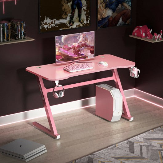 47" Z-Shaped Computer Table with Cup Holder Headphone Hook-Pink