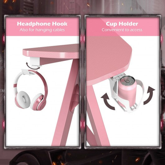 47" Z-Shaped Computer Table with Cup Holder Headphone Hook-Pink