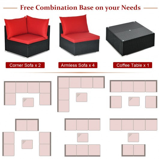7-Piece Sectional Wicker Furniture Sofa Set with Tempered Glass Top-Red