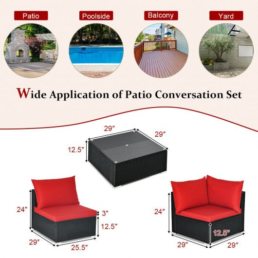 7-Piece Sectional Wicker Furniture Sofa Set with Tempered Glass Top-Red