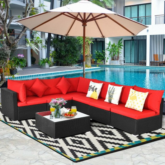 7-Piece Sectional Wicker Furniture Sofa Set with Tempered Glass Top-Red
