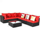 7-Piece Sectional Wicker Furniture Sofa Set with Tempered Glass Top-Red