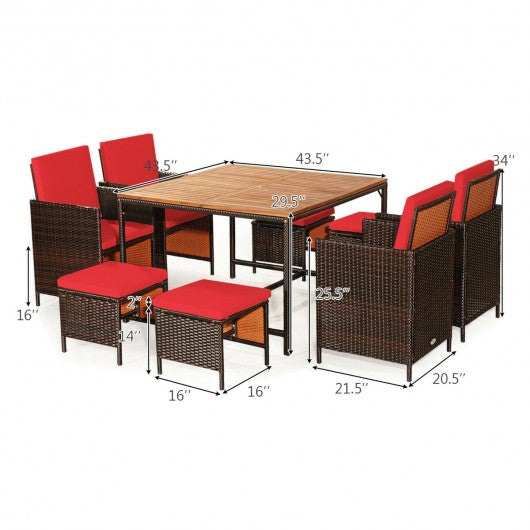 9PCS Patio Rattan Dining Cushioned Chairs Set-Red