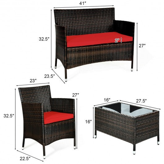 4 Pieces Rattan Outdoor Patio Conversation Furniture Set with Glass Table and Comfortable Wicker Sectional Sofa