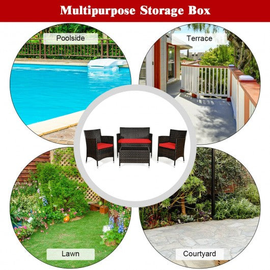 4 Pieces Rattan Outdoor Patio Conversation Furniture Set with Glass Table and Comfortable Wicker Sectional Sofa