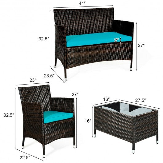 4 Pcs Rattan Outdoor Patio Conversation Furniture Set with Glass Table and Comfortable Wicker Sectional Sofa