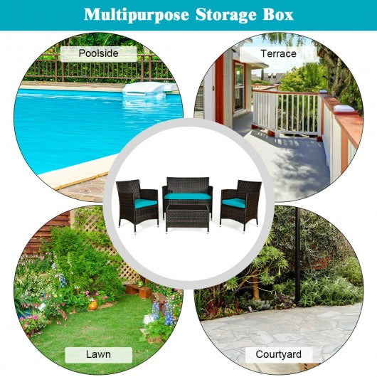 4 Pcs Rattan Outdoor Patio Conversation Furniture Set with Glass Table and Comfortable Wicker Sectional Sofa