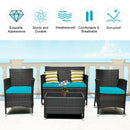 4 Pcs Rattan Outdoor Patio Conversation Furniture Set with Glass Table and Comfortable Wicker Sectional Sofa