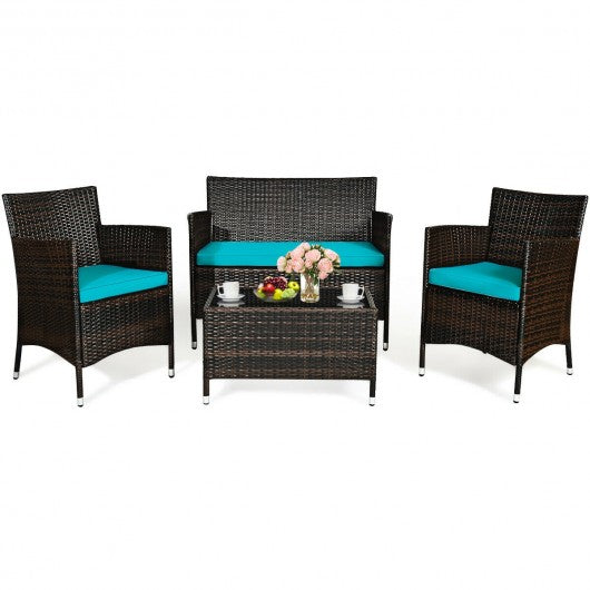 4 Pcs Rattan Outdoor Patio Conversation Furniture Set with Glass Table and Comfortable Wicker Sectional Sofa
