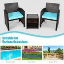3 Pieces PE Rattan Wicker Furniture Set with Cushion Sofa Coffee Table for Garden-Turquoise