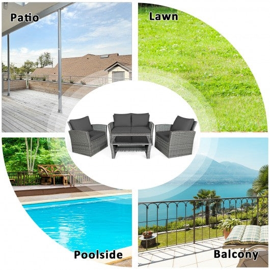 4 Pcs Patio Rattan Furniture Set Sofa Table with Storage Shelf Cushion-Gray