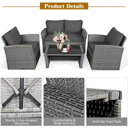 4 Pcs Patio Rattan Furniture Set Sofa Table with Storage Shelf Cushion-Gray