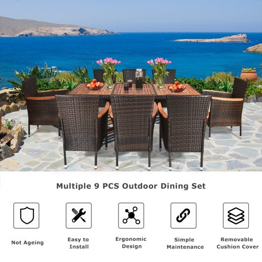 9 Pieces Patio Rattan Dining Set with Stackable Chairs Cushioned and Acacia Wood Table Top