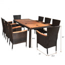 9 Pieces Patio Rattan Dining Set with Stackable Chairs Cushioned and Acacia Wood Table Top