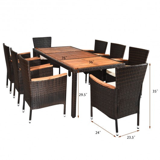 9 Pieces Patio Rattan Dining Set with Stackable Chairs Cushioned and Acacia Wood Table Top